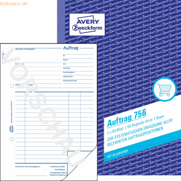 4004182007563 - Auftragsformular din A5 60g m² nicht selbstdurchschreibend 1 Durchschlag handschriftlich weiß 2 x 50 Bl - Avery Zweckform