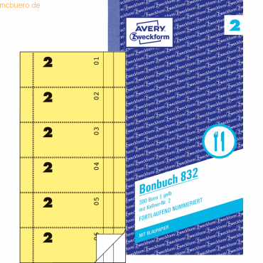 4004182008324 - AVERY Zweckform Bonblock Bonbuch gelb KP 832 105 x 198 cm 2x 50 Blätter