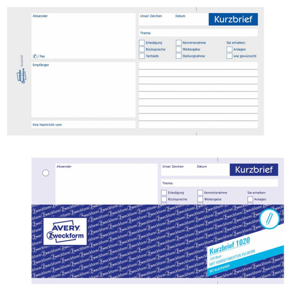 4004182010204 - AVERY Zweckform Kurzbrief 1 3 DIN A4 Formularbuch 1020 - 100 Blatt