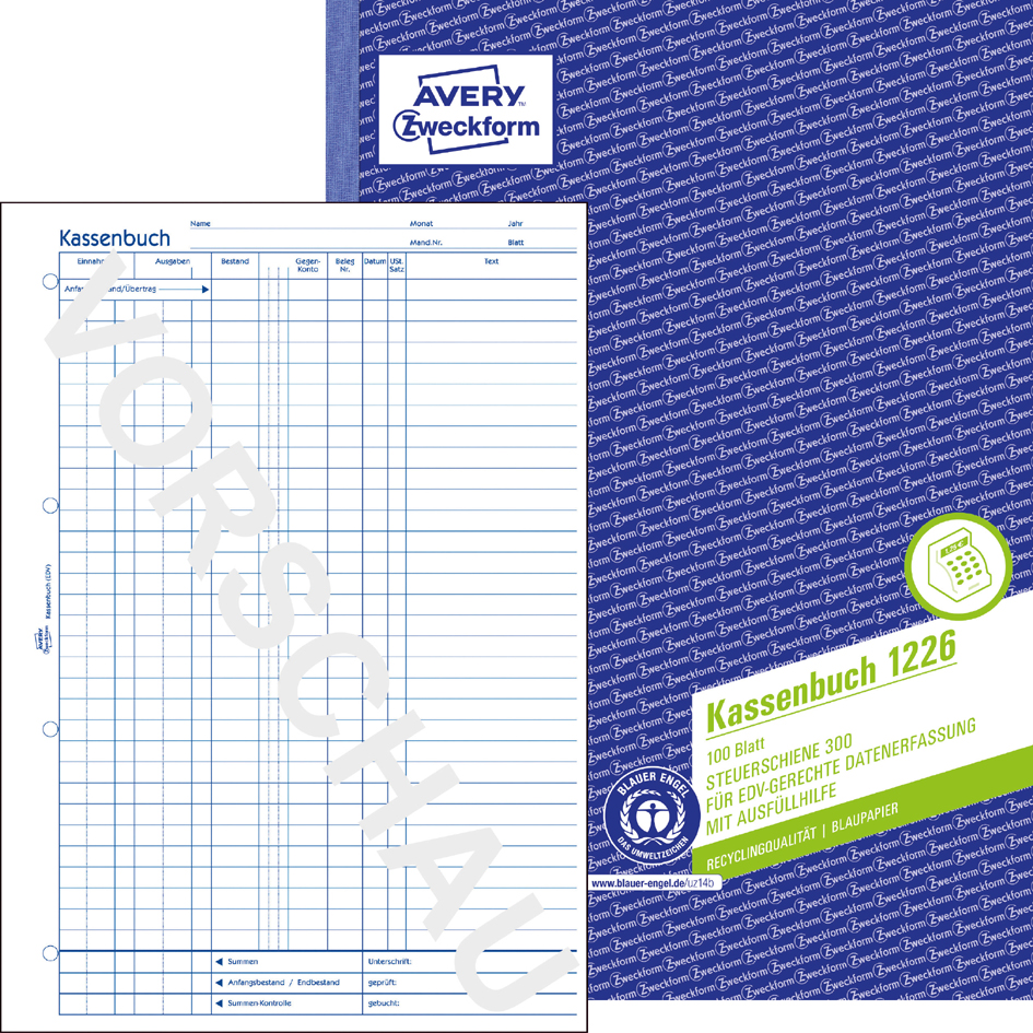 4004182012260 - Avery® Zweckform Kassenbuch 1226 Format A4 DATEV-konform mit Ausfüllhilfe & 1 Blatt Blaupapier perforiert & gelocht Blauer Engel weiß 100 Blatt