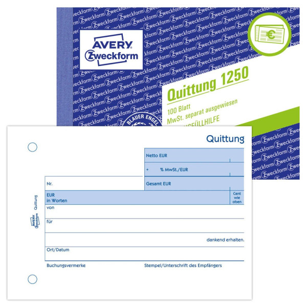 4004182012505 - AVERY Zweckform Quittung MwSt separat ausgewiesen Formularbuch 1250 - 100 Blatt