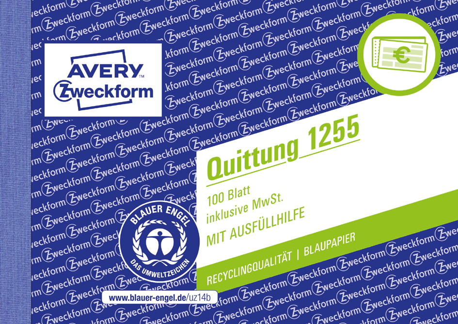 4004182012550 - Avery® Zweckform Quittungsbuch 1255 Querformat A6 inkl Mehrwertsteuer mit 1 Blatt Blaupapier perforiert & gelocht Blauer Engel weiß 100 Blatt