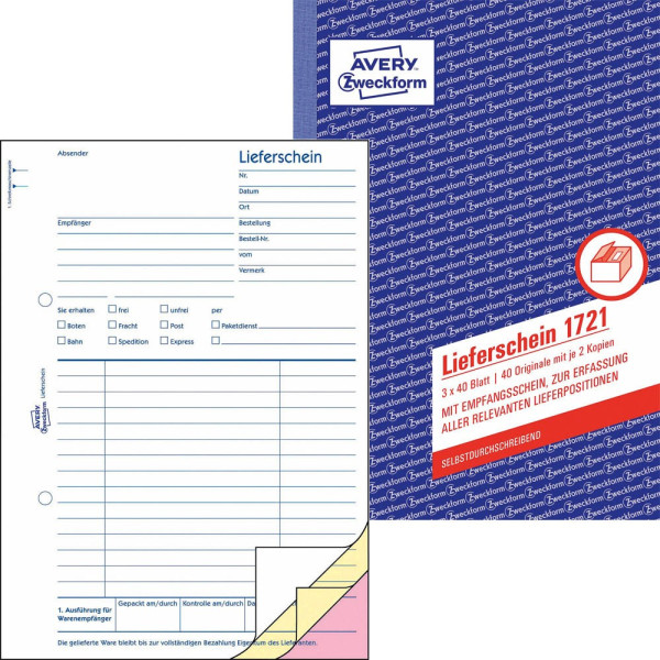 4004182017210 - Lieferscheine 1721 mit Empfangsschein Format A5 1 Buch mit 3 x 40 Blatt FSC®-Papier weiß gelb rosa