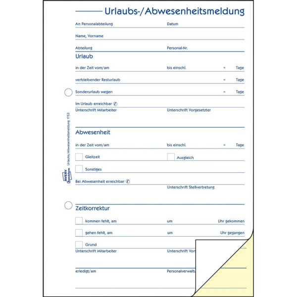 4004182017531 - AVERY Zweckform Personalformulare Urlaubsabwesenheitsmeldung Urlaubs-AbwesenheitsmeldungA5 1753 DIN A5 2x 40 Seiten