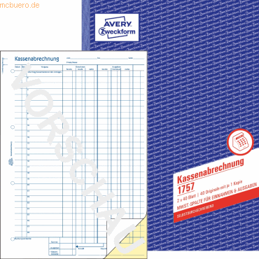 4004182017579 - AVERY Zweckform Kassenbuch 1757 Gelb Weiß Liniert Perforiert DIN A4 21 x 297 cm 60 g m2