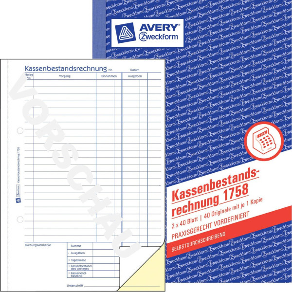 4004182017586 - Kassenbericht Bestand 1758 A5 selbstdurchschreibend 2x40 Blatt 4004182017586 AVERY Zweckform