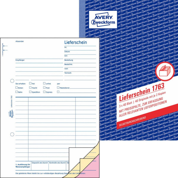 4004182017630 - AVERY Zweckform Lieferscheine Lieferschein mit Preisspalte Lieferschein A5 SD 1763 DIN A5 3x 40 Seiten