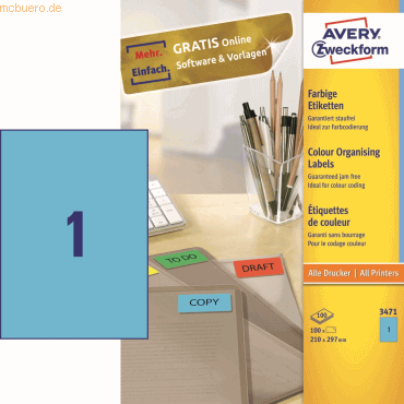 4004182034712 - AVERY Zweckform Universaletiketten 3471 2100 x 2970 mm Blau 100 Stück