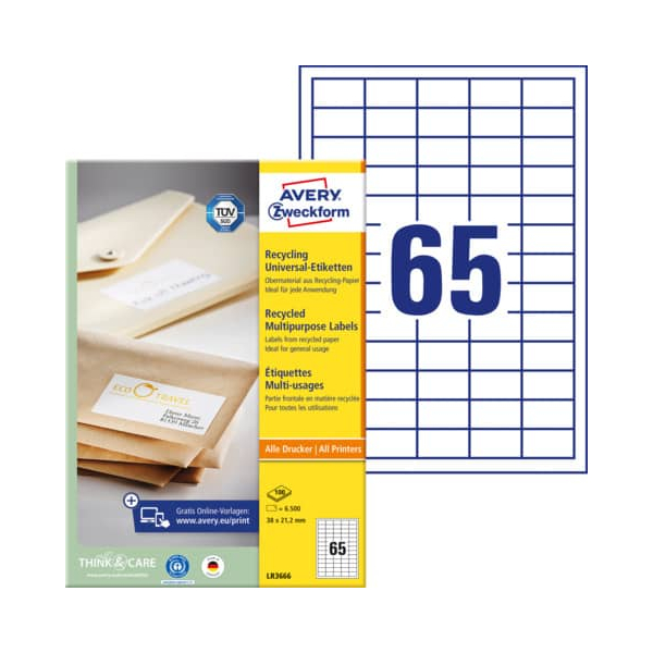 4004182035382 - Avery® Zweckform Etiketten LR3666 A4 universell permanenthaftend druckergeeignet Recycling-Papier rechteckig naturweiß 6500 Stück auf 100 Bogen