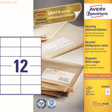 4004182035405 - Avery® Zweckform Etiketten LR3424 A4 universell permanenthaftend druckergeeignet Recycling-Papier rechteckig naturweiß 1200 Stück auf 100 Bogen