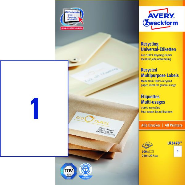 4004182035436 - Etiketten AVERY® Zweckform für Druckertyp Inkjet Laser rechteckig nachhaltig A4 Format Papier naturweiß 100 Etiketten B 297 x H 210 mm