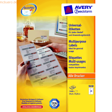 4004182036587 - AVERY Zweckform Abziehhilfe QuickPEELultragrip Mehrzwecketiketten 3658 Selbsthaftend DIN A4 Weiß 646 x 338 mm 100 Blatt à 24 Etiketten