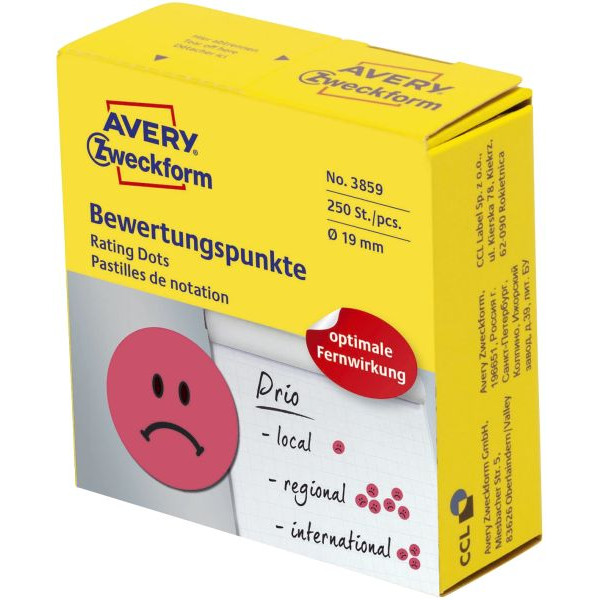 4004182038598 - 3858 Bewertungspunkt trauriger Smiley - Ø 19 mm Spender mit 250 Etiketten rot 250 Stück