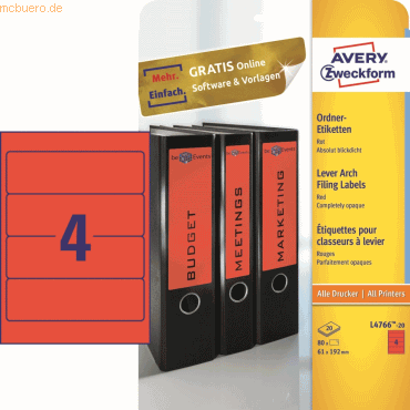 4004182047668 - selbstklebende Rückenschilder ultragrip L4766-20 rot breit kurz 61x192mm (BxH) selbstklebend permanent  4004182047668 AVERY Zwec 20 Bl