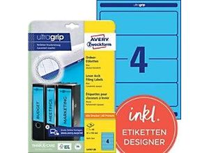 4004182047675 - Ordnerrückenetikett ultragrip breit kurz 61 x 192 mm (b x h) selbstklebend ohne Griffloch blau 80 Etik Pack - Avery Zweckform