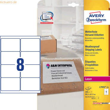 4004182048948 - AVERY Zweckform L7993-25 Adressetiketten DIN A4 Weiß 991 x 677 mm 25 Blatt à 8 Etiketten