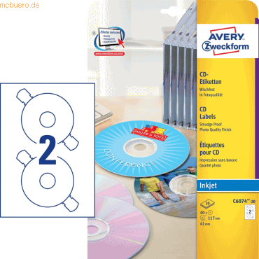 4004182060742 - CD Etiketten C6074-20 Ø 117 mm weiß 4004182060742 Zweckform 40 Stück