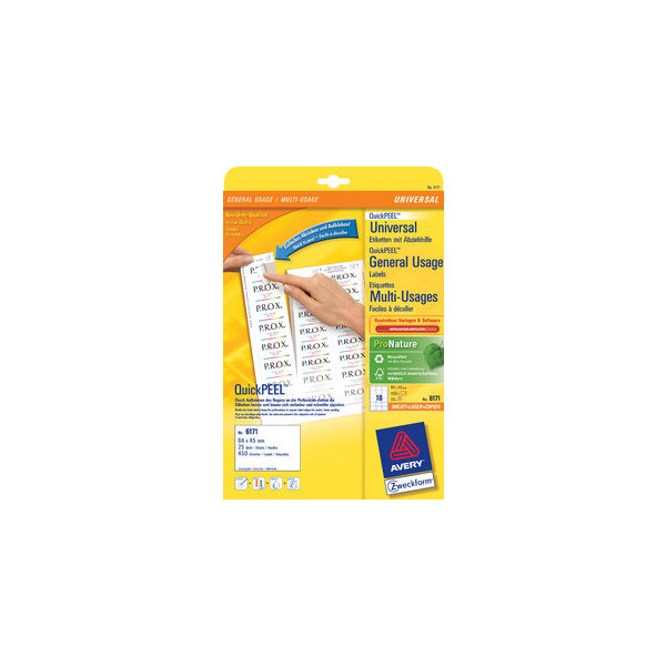 4004182061718 - Avery-Zweckform 6171 Etiketten (A4) 64 x 45 mm Papier Weiß 540 St Permanent Universal-Etiketten Tinte Laser 450 Stück