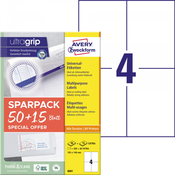 4004182066010 - Universaletiketten ultragrip SPARPACK 50 + 15 Blatt 6601 weiß rechteckig 105x148mm (BxH) permanent 260 Etiketten  4004182066010  260 S