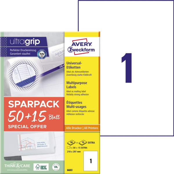 4004182066034 - Etiketten 6603 universal ultragrip geeignet für Inkjet- & Laserdrucker 210 x 297 mm 65 Stück 65 A4-Bogen FSC®-Papier weiß