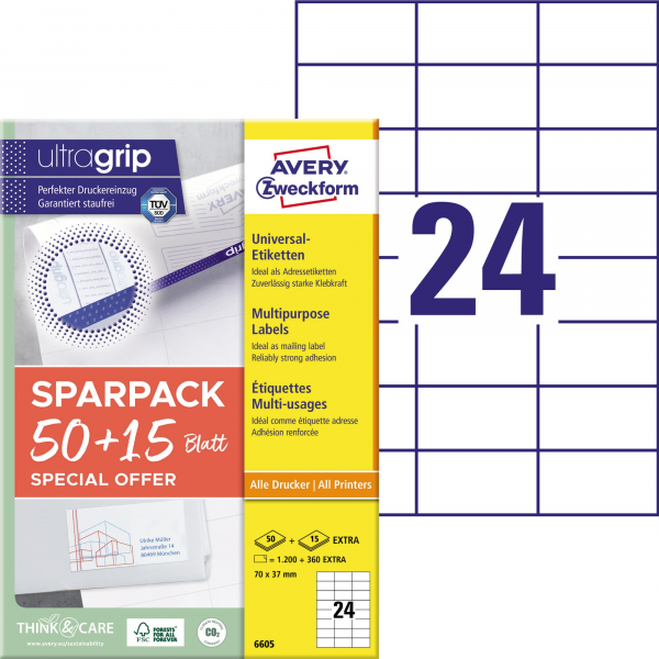 4004182066058 - Etiketten 6605 universal ultragrip geeignet für Inkjet- & Laserdrucker 70 x 37 mm 1560 Stück 65 A4-Bogen FSC®-Papier weiß