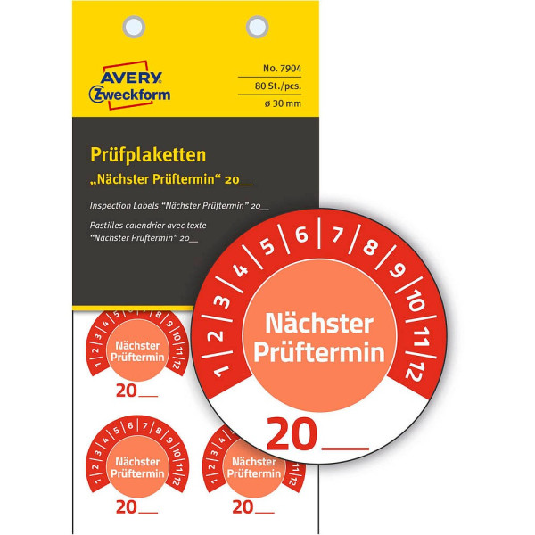 4004182079041 - Prüfplakette 7904 „Nächster Prüftermin“ 20__zum Selbereintragen extrem robust Ø 30 mm 80 Stück 10 Bogen Vinylfolie rot