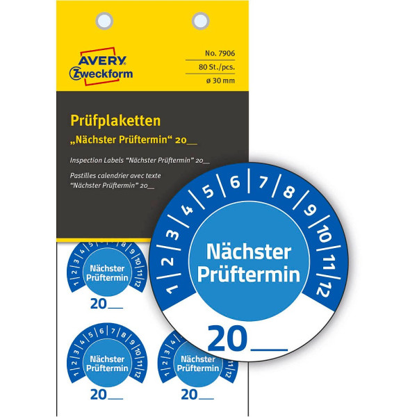 4004182079065 - Prüfplakette 7906 „Nächster Prüftermin“ 20__zum Selbereintragen extrem robust Ø 30 mm 80 Stück 10 Bogen Vinylfolie blau