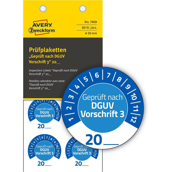 4004182079096 - 7909 Prüfplaketten „DGUV Vorschrift 3“ 20__ zum Selbereintragen extrem robust Ø 30 mm 80 Stück 10 Bogen Vinylfolie blau