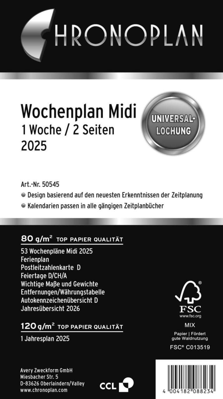 4004182088234 - Kalendereinlage 50545 Wochenplan 1 Woche   2 Seiten 96x172mm (Midi) 2025 4004182088234 Chronoplan