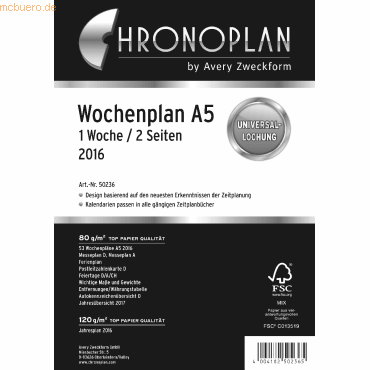 4004182088401 - Kalendereinlage 50236 Kalendarium 2 Seiten   1 Woche 148x21cm (BxH) (A5) 2026 4004182088401 Chronoplan