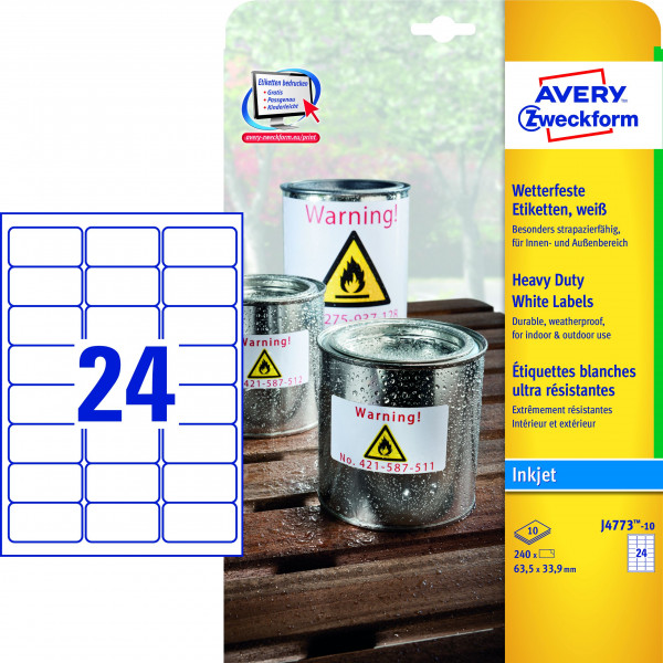 4004182247730 - Avery® Zweckform Etiketten J4773 wetterfest permanenthaftend druckergeeignet rechteckig Polyester matt weiß 240 Stück auf 10 Blatt