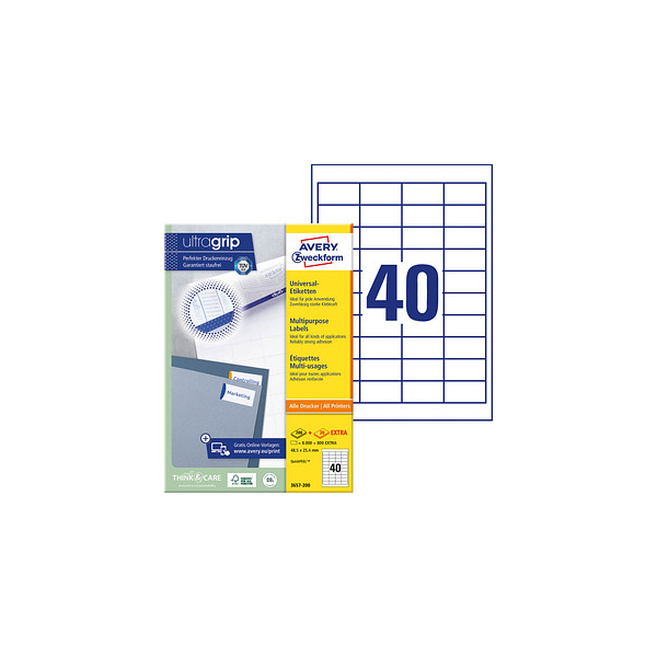 4004182249468 - Avery® Zweckform Etiketten 3657-200 A4 universell permanenthaftend ultragrip druckergeeignet FSC®-Papier rechteckig weiß 8800 Stück auf 220 Bogen