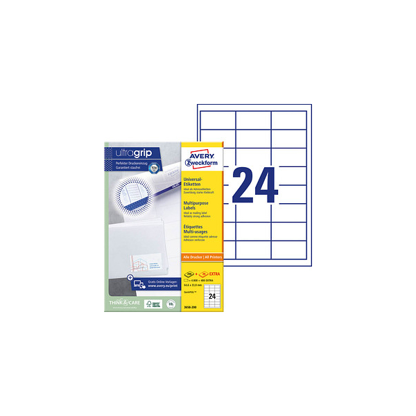 4004182249499 - Avery® Zweckform Etiketten 3658-200 A4 universell permanenthaftend ultragrip druckergeeignet FSC®-Papier rechteckig weiß 5280 Stück auf 220 Bogen