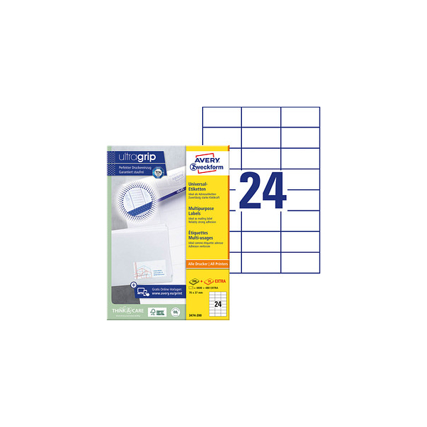 4004182249512 - Avery® Zweckform Etiketten 3474-200 A4 universell permanenthaftend ultragrip druckergeeignet FSC®-Papier rechteckig weiß 5280 Stück auf 220 Bogen