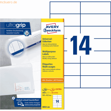 4004182249574 - AVERY Zweckform UltraGrip Universaletiketten 3653-200 Selbsthaftend Spezial Weiß 105 x 423 mm 220 Blatt à 14 Etiketten