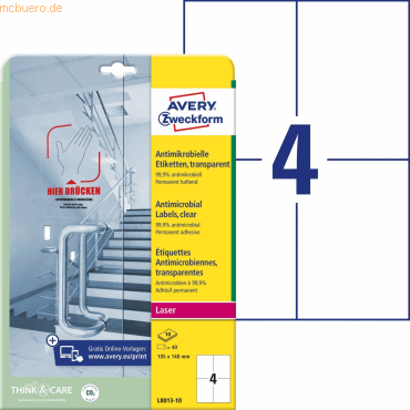 4004182380130 - Etiketten Serie L8013-10 antimikrobiell desinfektionsmittelbeständig für Laserdrucker 105 x 148 mm 40 Stück 10 A4-Bogen Folie transparent