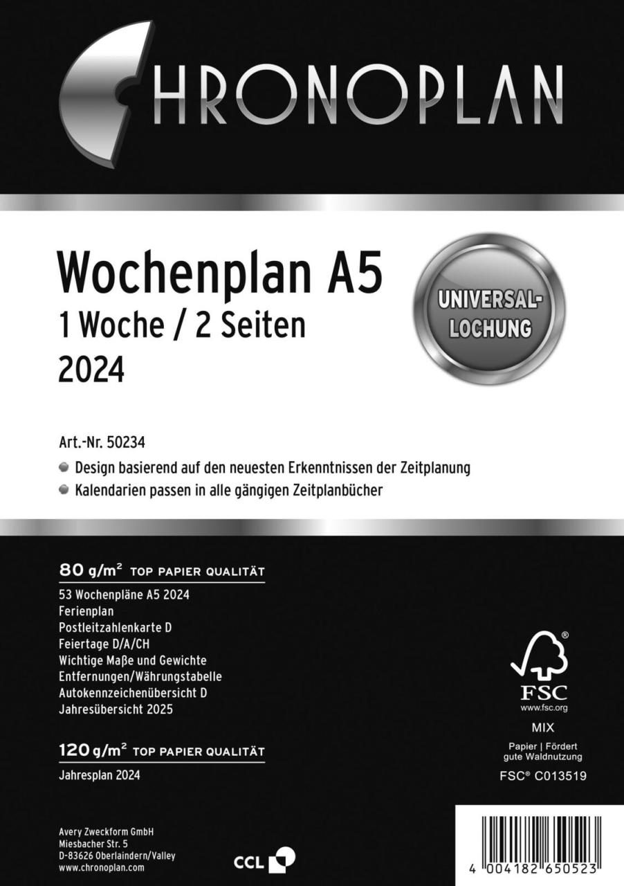 4004182502341 - CHRONOPLAN Kalendereinlage 2024 Wochenplan A5 4004182502341