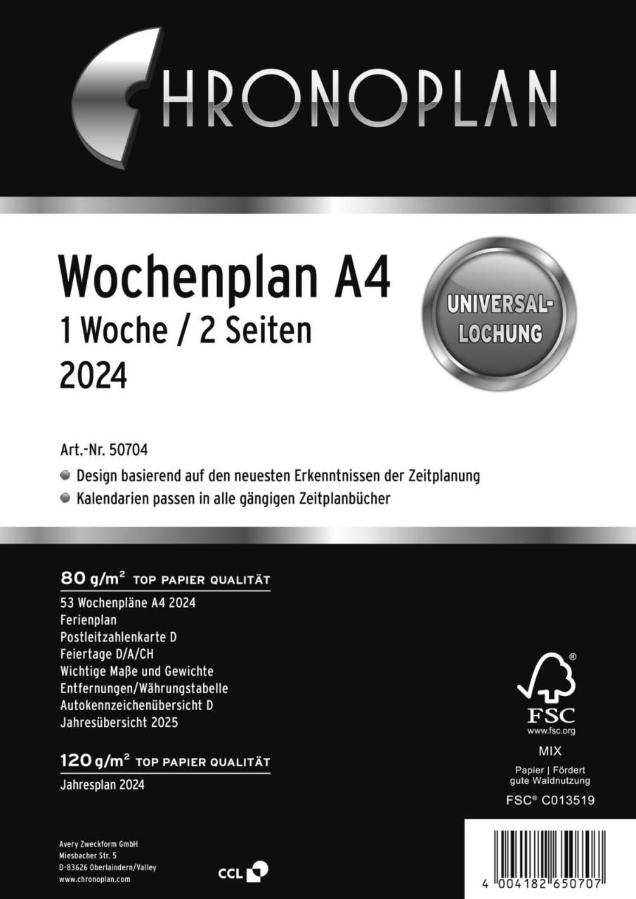 4004182507049 - CHRONOPLAN Kalendereinlage 2024 Wochenplan A4 4004182507049