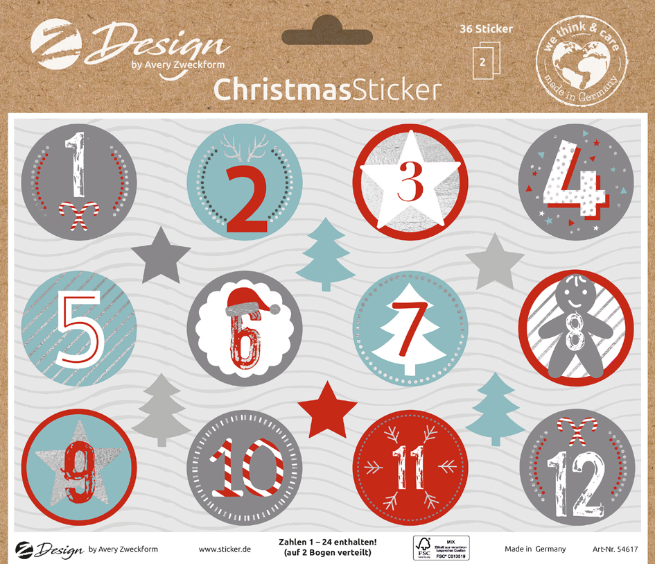 4004182546178 - AVERY Zweckform ZDesign Trend Sticker WEIHNACHTEN Motiv Adventszahlen Blattformat DIN A5 trendige - 1 Stück (54617)