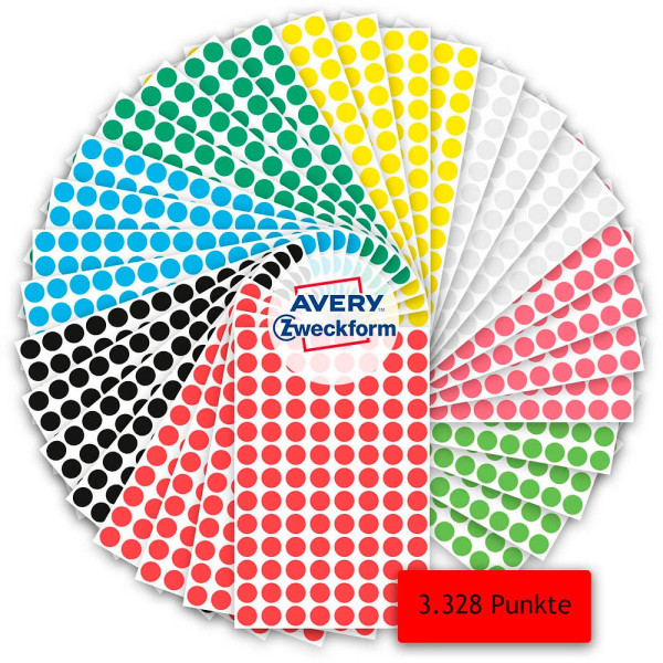 4004182599945 - Avery® Zweckform Klebepunkte Set 59994 3328-teilig selbstklebend & beschreibbar 8 Farben 4 Bögen Farbe 416 Punkte Farbe Ø 8 mm 100 % recycelbar