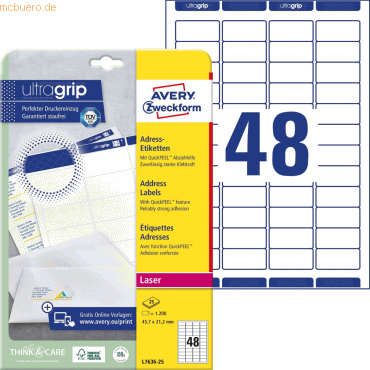 4004182609255 - AVERY Zweckform Abziehhilfe QuickPEELultragrip Adressetiketten L7636-25 Selbsthaftend DIN A4 Weiß 457 x 212 mm 25 Blatt à 48 Etiketten
