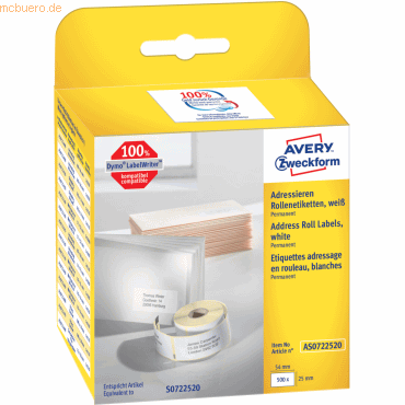 4004182617038 - AVERY Zweckform Adressetiketten Kompatibel AS0722520 Selbsthaftend Schwarz auf Weiß 25 x 54 mm Thermal 1 Rolle à 500 Etiketten