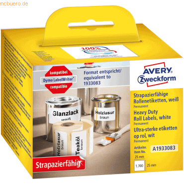 4004182617342 - Avery® Zweckform Rollenetiketten kompatibel mit DYMO® LabelWriter™ Serie 300 400 450 4XL Wireless permanenthaftend B 25 x H 25 mm weiß 850 Stück