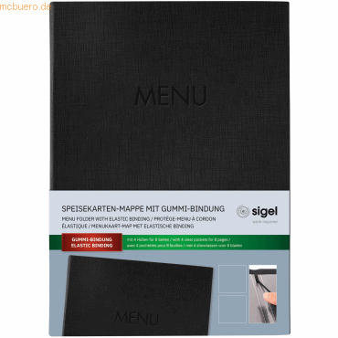 4004360768828 - 5 x Speisekarten-Mappe Gummi-Bindung A4 Blindprägung MENU schwar