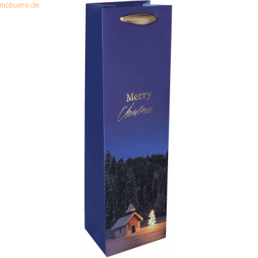 4004360768996 - Flaschentasche Christmas Chapel Weihnachts-Motiv Bodeneinlage Seidenbandgriffe B 100 x T 80 x H 350 mm Weißkarton Kunststoff blau 1 Stück