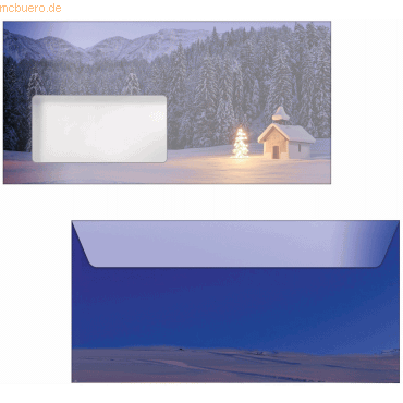 4004360769856 - Briefumschläge Christmas Chapel DIN lang weihnachtliches Kerzen-Motiv Sichtfenster gummierter Verschluss FSC®-Papier blau 50 Stück
