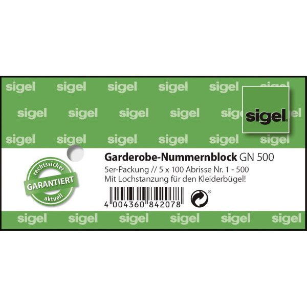 4004360842078 - Garderobe-Nummernblock - nummeriert 1-500 105 x 50 mm 2-fbg sortiert 4004360842078 5 Stück