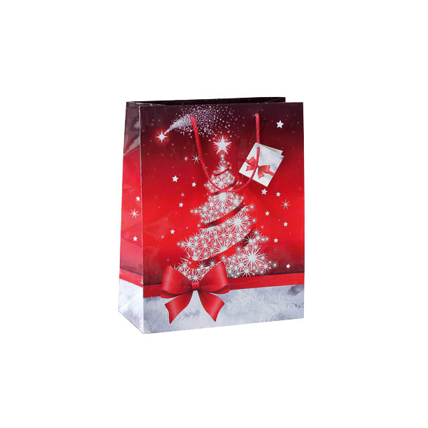 4004360858536 - Geschenktasche Sparkling Tree mit Kordeln & Geschenkanhänger Papier rot mit Weihnachtsbaum groß 5 Stück