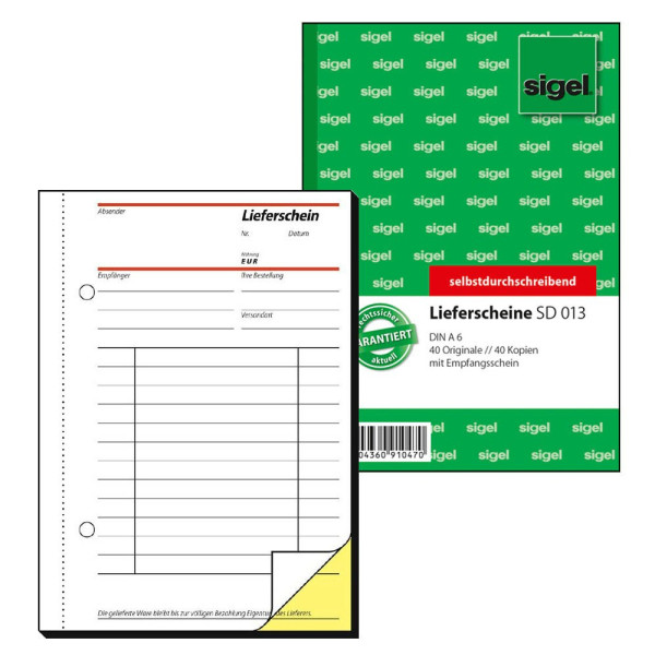 4004360910470 - Lieferschein SD013 mit Empfangsschein selbstdurchschreibend A6 hoch 2x40 Blatt 4004360910470 Sigel