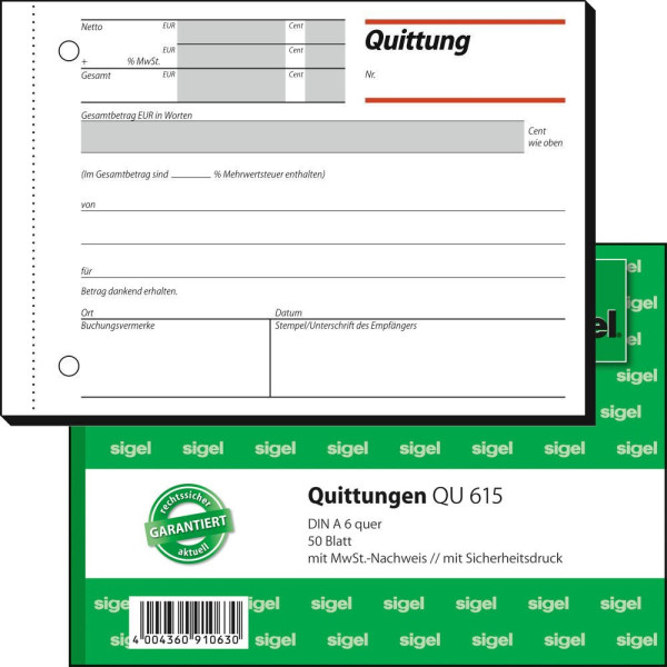 4004360910630 - sigel® Quittungen mit MWSt-Nachweis QU615 DIN A6 quer 50 Blatt